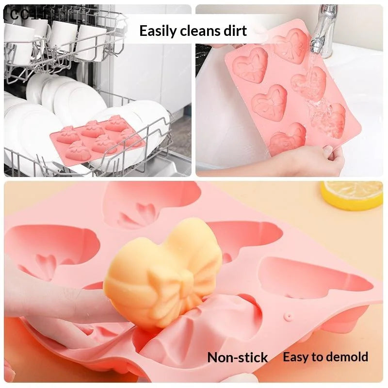 6 Cavities Heart Bow Shape Silicone Baking Mold Love Chocolate Candy Qme