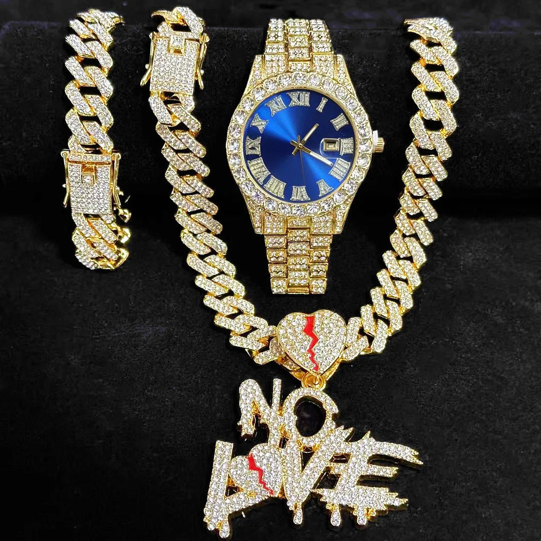 3-Piece Set of Popular Foreign Trade Maier Cuban Necklace and Bracelet Set, Men's Watch and Jewelry Party Gift Qme Rose