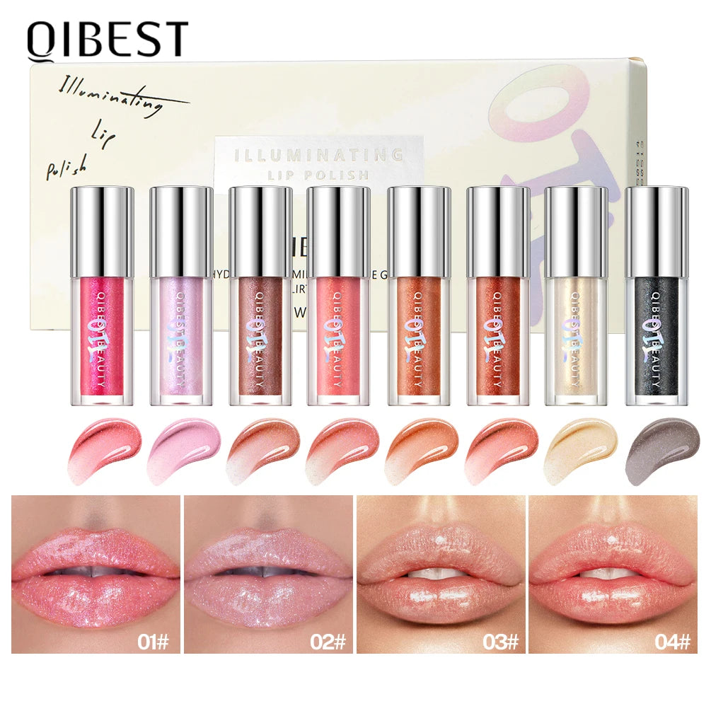 QIBEST 8 Colors Glitter Lip Gloss Makeup Sets Lasting Shiny Shimmer Lip Glaze Makeup Lip Tint Moisturizing Lip Balm Oil Lipgloss Qme