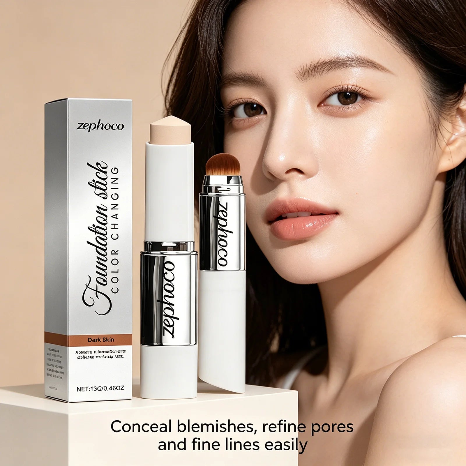 Zephoco Color Changing Foundation Stick Aloe Vera Waterproof Matte High Coverage Makeup Base 2 in 1 Blemish Cover Foundation 13g Qme