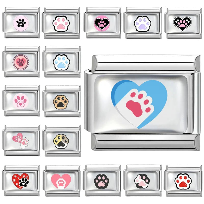 Blue Pink Heart Cute Cats Paw Dog Claw Print Series Italian Charm Links Fit 9mm Stainless Steel Bracelet DIY Making Gift Qme