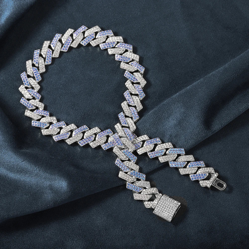 3pcs Hip-hop Watch Jewelry Set Iced Out Punk Blue&Silver Cuban Chain+Bracelet Inlay Diamond Watch For Men Women Trend Party Gift Qme
