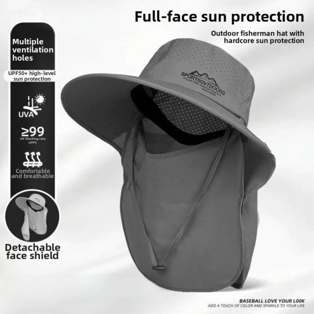 UV Protection Large Brimmed Sun Hat Breathable Face Shield Neck Flap Fisherman Hat Waterproof Polyester Outdoor Bucket Hat Qme