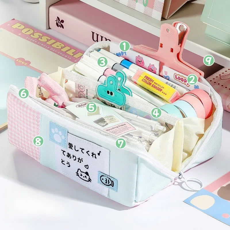 Large Capacity Cute Polka Dot Cat Pencil Case Student Pen Pouch Qme