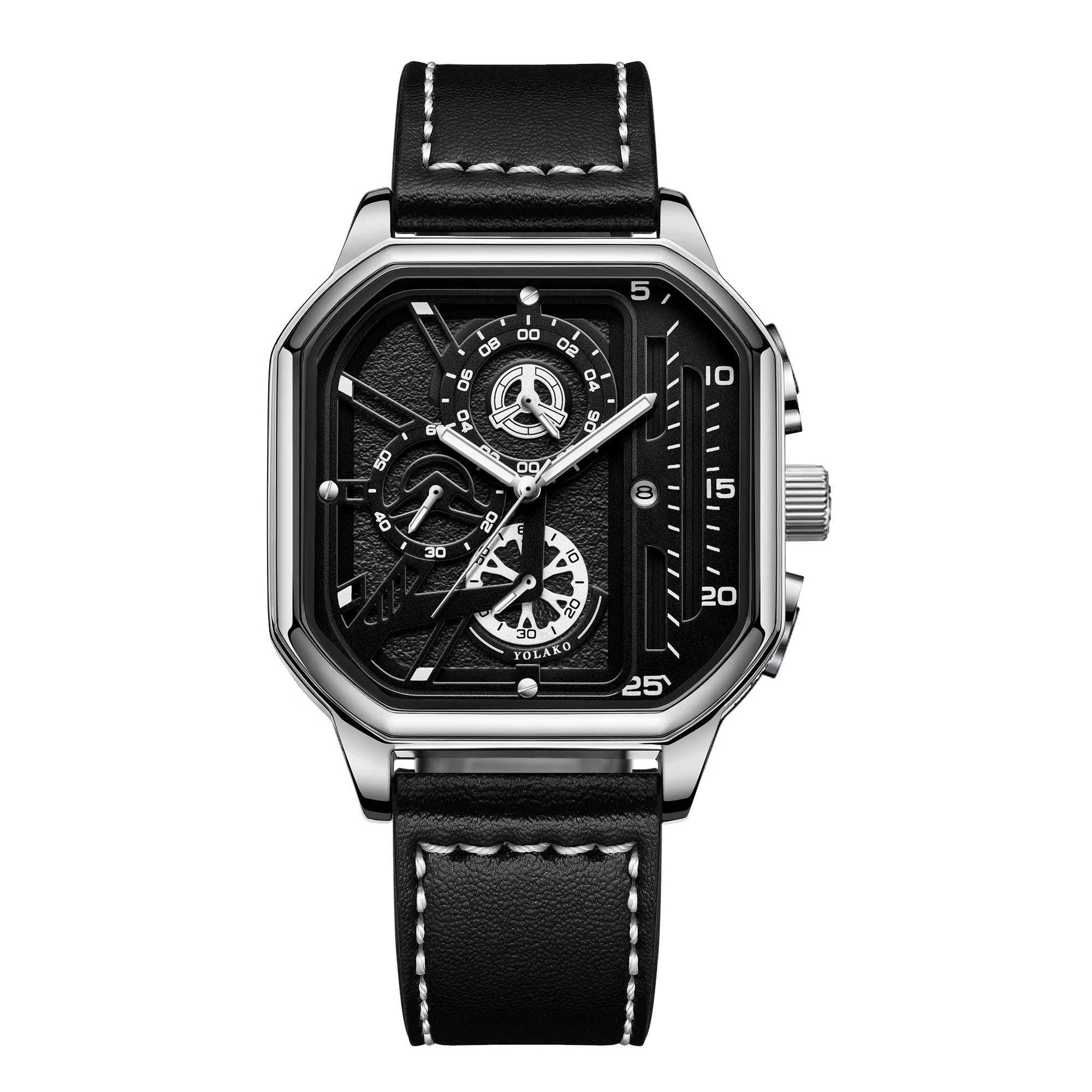 Luxury Square Case Men Chronograph Wristwatch, Multi-Subdial Hollow Dial Black Gold Accent Leather Strap Sport Business Quartz Qme D