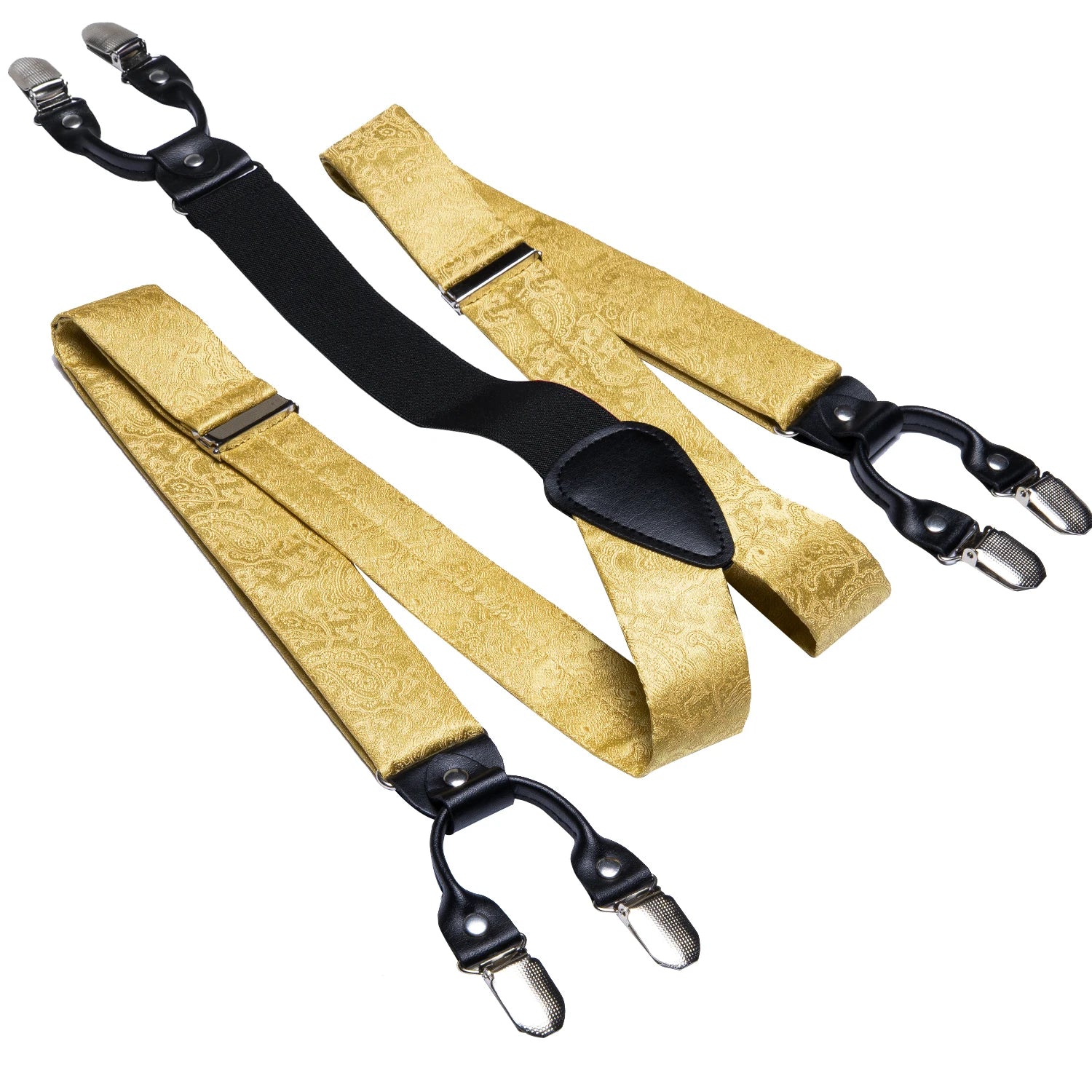 Hi-tie Jacquard Woven Silk Gold Mens Suspender Braces Bow Tie Hanky Qme