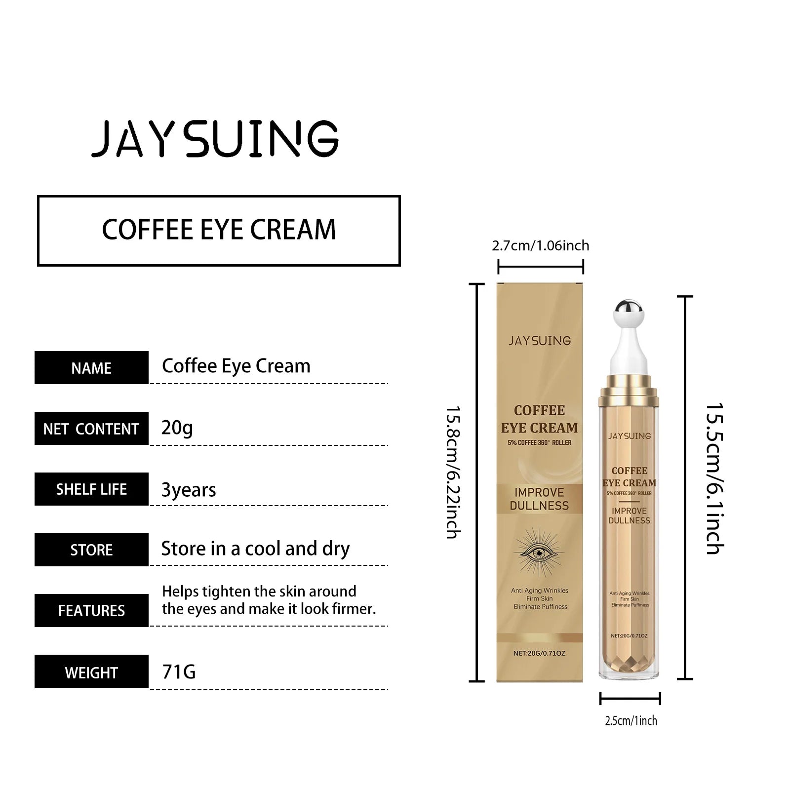 Coffee Eye Care Products Eye Cream with Roller Moisturizing Eye Mask Anti-Dark Circles Eye Serum for Puffiness Firming Hydration Qme Eye Cream