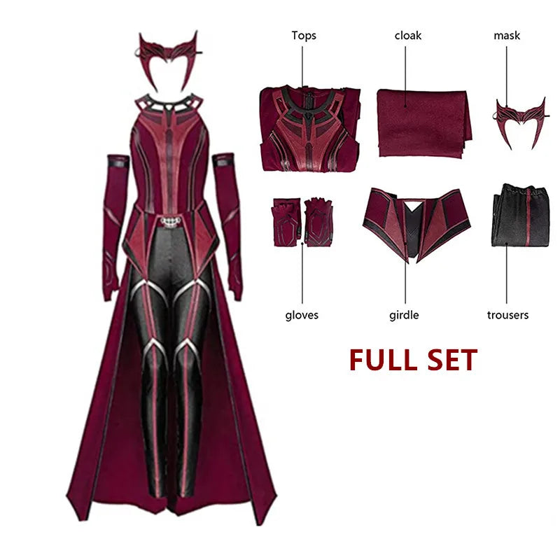 Scarlet Cosplay Witch Maximoff Wanda Vision Cosplay Costume Headwear Cloak and Pants Full Set Outfit Halloween Accessories Props Qme Red XXL wanda