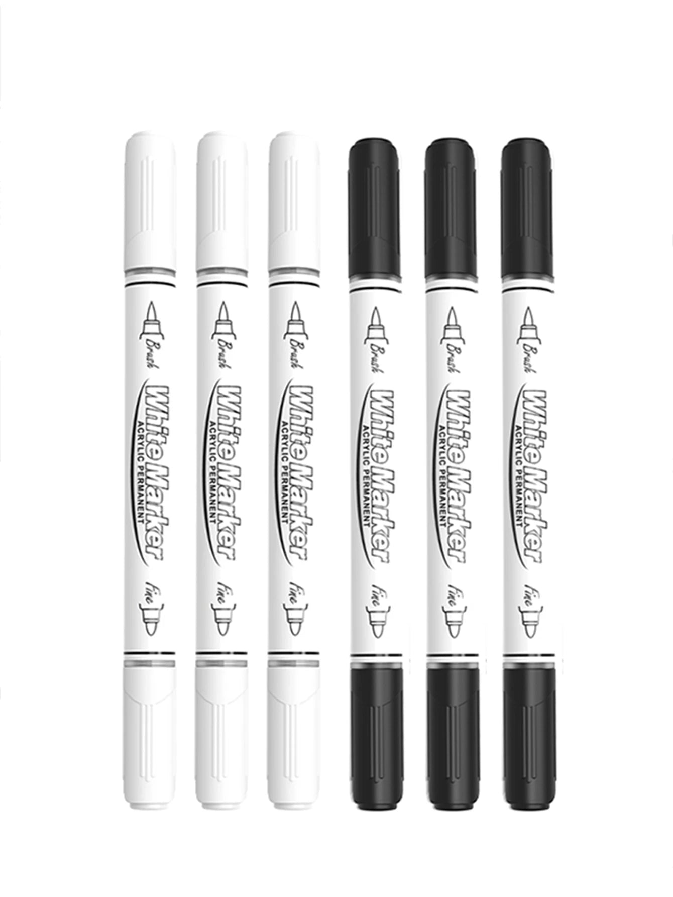 2-6Pcs Black/White Large Capacity Dual Tip Permanent Acrylic Paint Pen for Art Supplies, Fabric Paint, Markers for DIY Art Qme 3black 3white