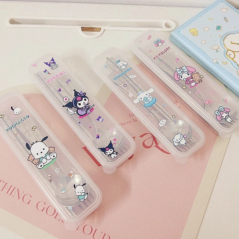 Kuromi Stainless Steel 3-Piece Portable Cutlery Set Cute Cartoon-Themed, Stylish Fork and Spoon Set Qme