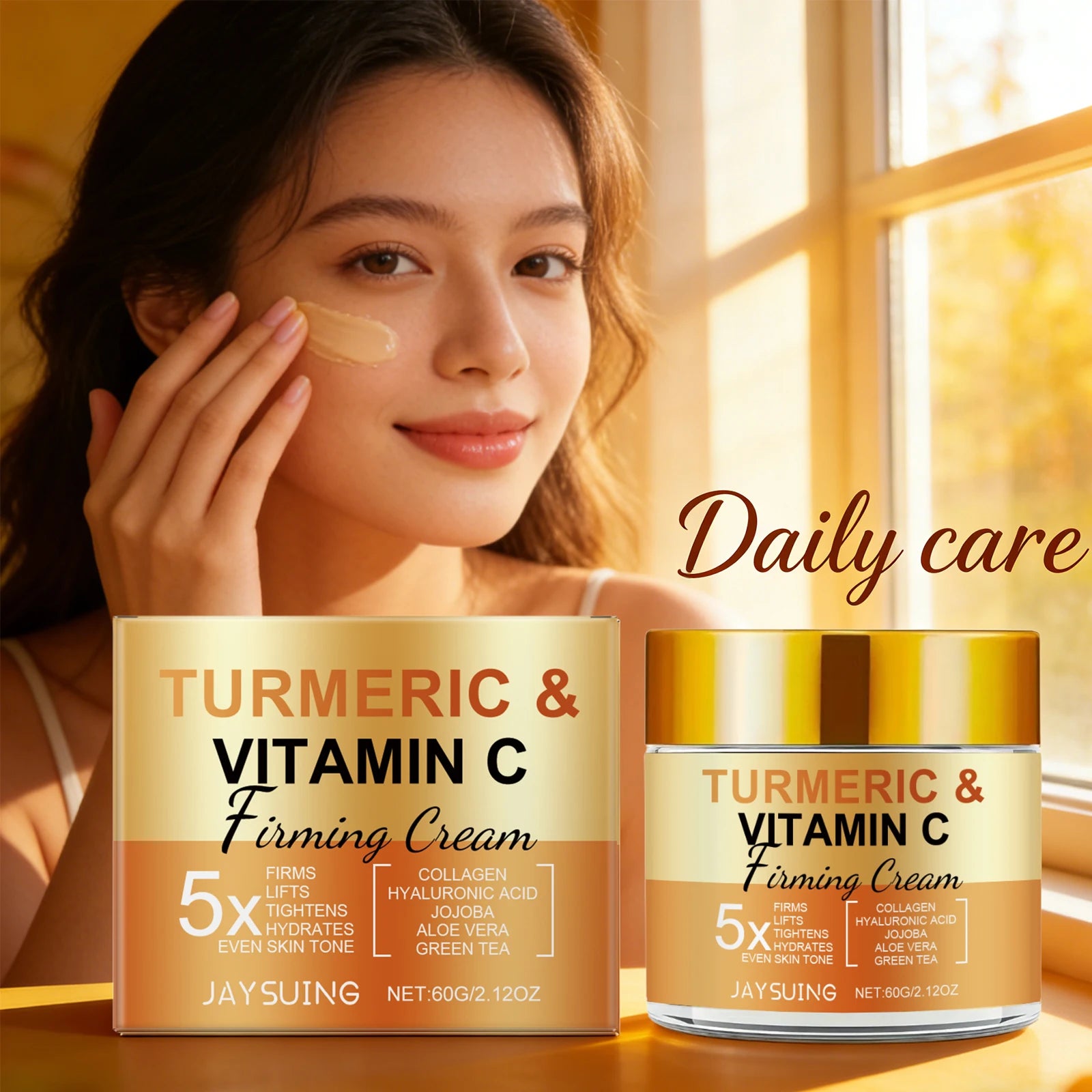 Jaysuing Turmeric Firming Face Cream Fade Fine Lines Brighten Skin Tone Reduce Dark Spots Collagen Moisturizing Facial Cream 60g Qme