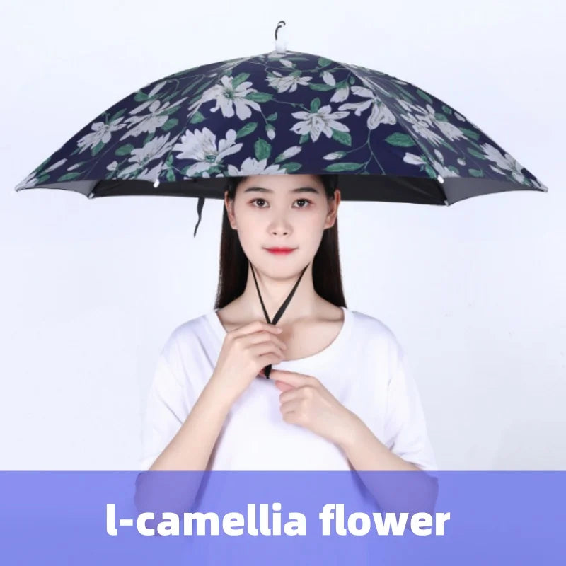 Head Wearing Type Umbrella Hat Anti-UV Windproof Rain Gear Foldable Fishing Sunshade Umbrella Hat Camping Beach Head Cap Qme l-camellia flower