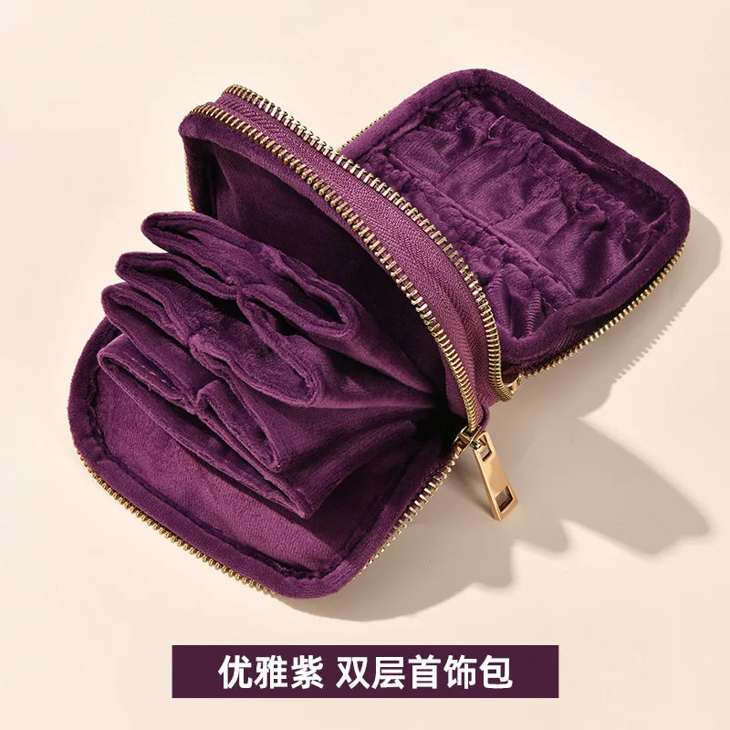 Tassel Jewelry Organizer Bag Portable Travel Case with Metal Zipper for Bracelets Jade Bangles Necklaces Rings Storage Pouch Qme Purple Double Layer