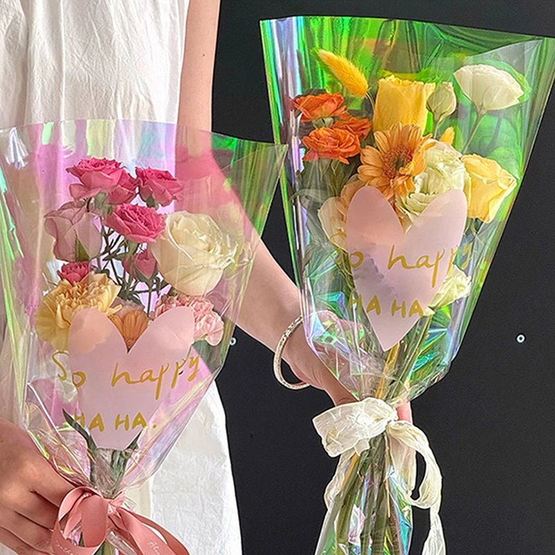 30PCS Love Heart Iridescent Single Rose Sleeves DIY Transparent Flower Wrapping Bag Floral Material Packaging Waterproof Qme