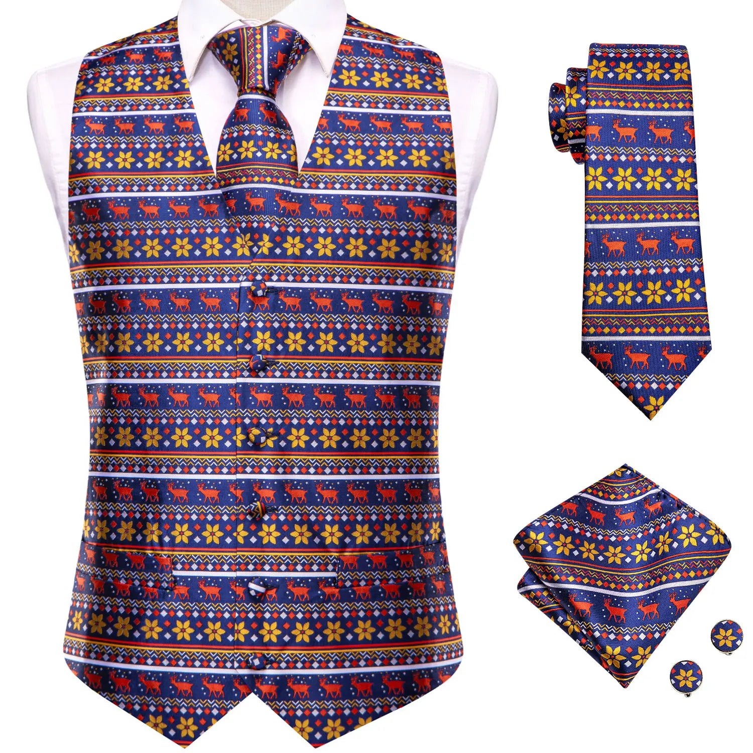 V-neck Waistcoat 4 Men Vest Tie Pocket Square Cufflinks Business Qme