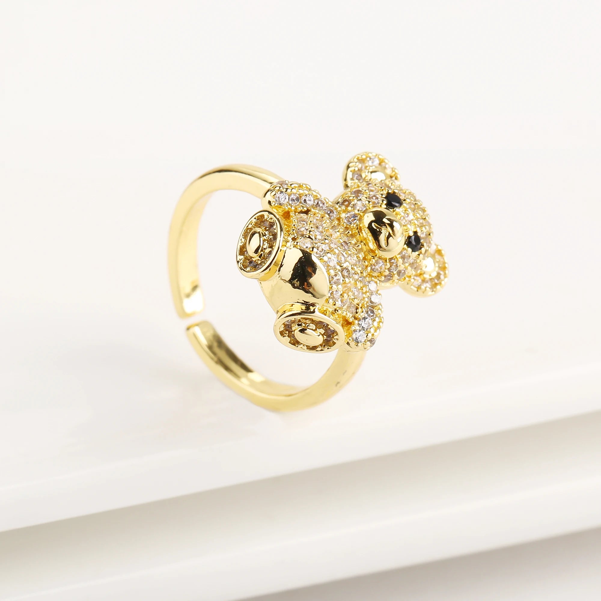 Cute Shiny Cubic Zirconia Animal Bear Ring Adjustable High Quality Women Fashion Party Jewelry Gift Daily Wear Dropshipping Qme White resizable