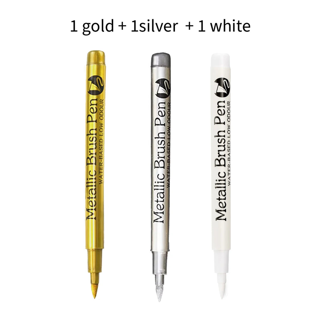 Brush Metallic Marker Pens White/Gold/Silver/Copper Color Permanent Art Marker For Crafts Scrapbooking Stationery Supplies Qme 1White 1Gold 1Silver