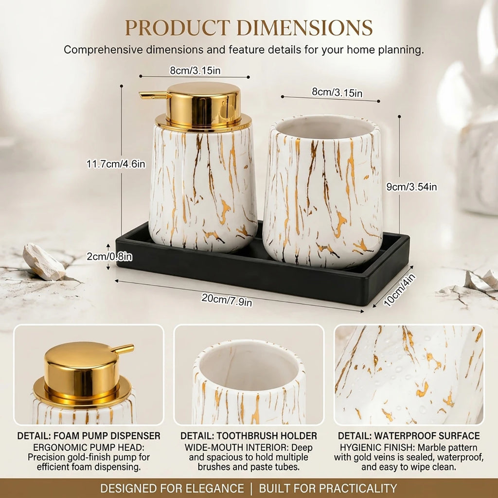 Luxury White Marble Bathroom Accessories Set Foaming Soap Dispenser Toothbrush Holder Unbreakable Plastic Gold Decor Vanity Set Qme