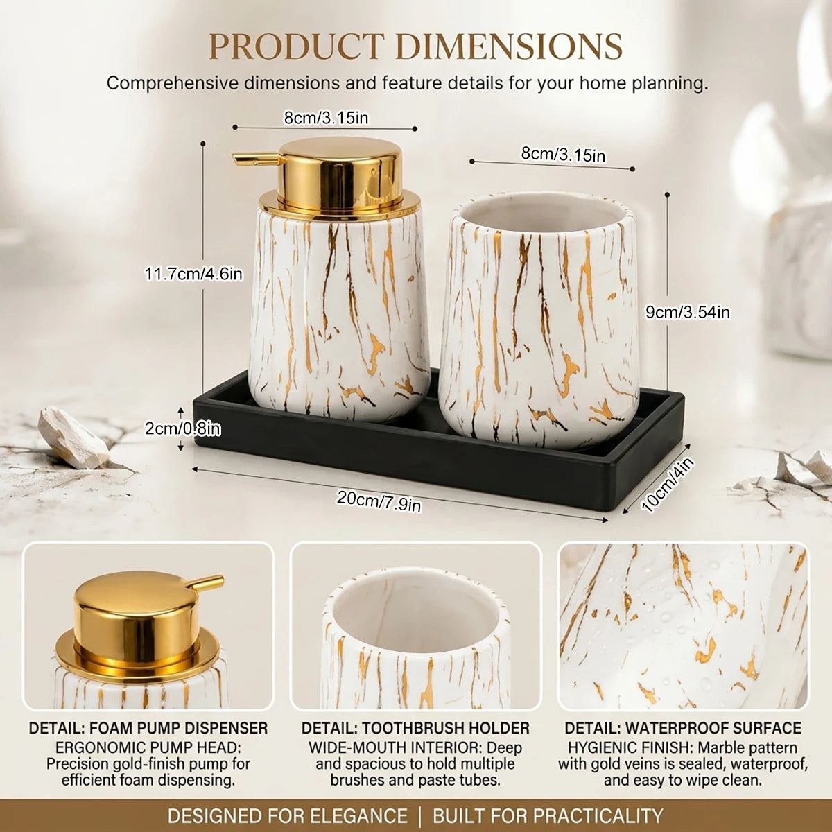 Luxury White Marble Bathroom Accessories Set Foaming Soap Dispenser Toothbrush Holder Unbreakable Plastic Gold Decor Vanity Set Qme