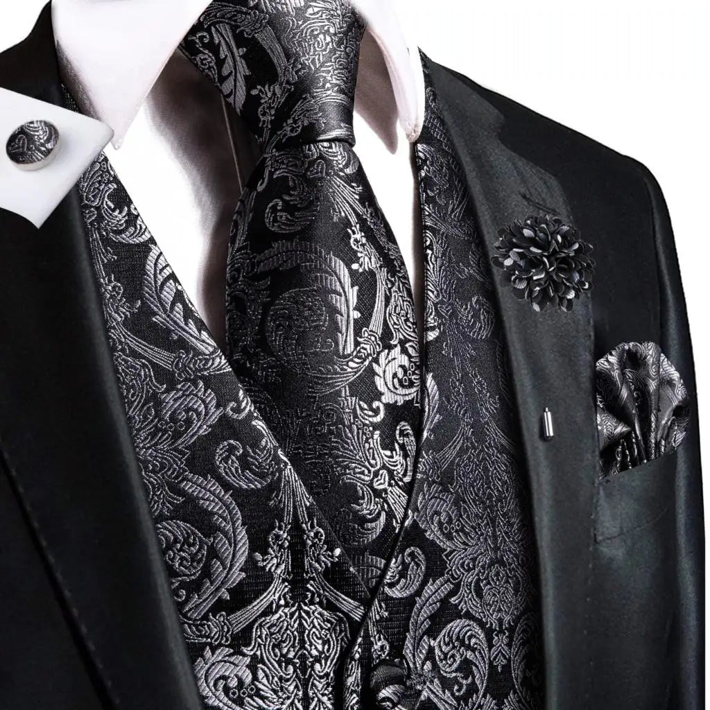 Mens Vests Jacquard Waistcoat Neck Tie Hanky Cufflinks Brooch Men Qme