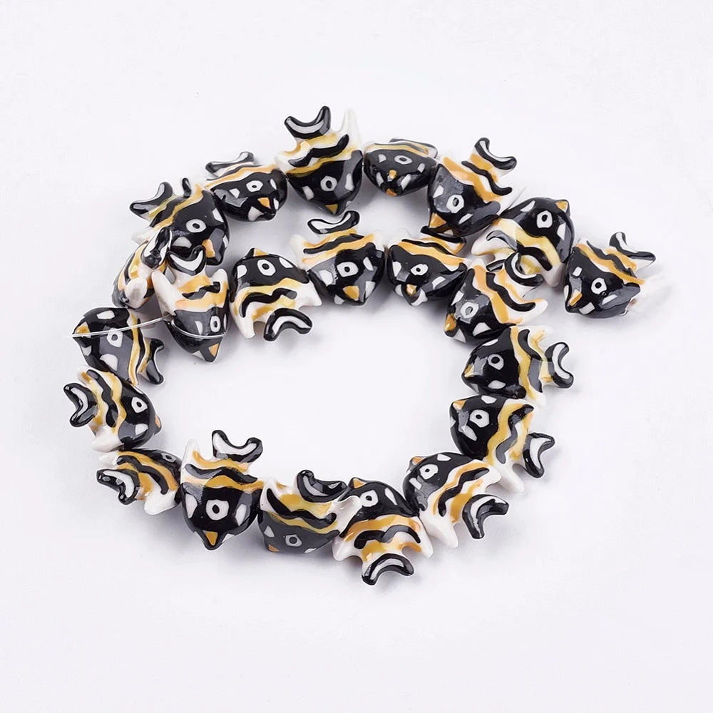 Pandahall 20pcs Handmade Porcelain Fish Beads, Multicolor Ceramic Beads 17-22x21-22x7-7.5mm with 2mm Hole for DIY Jewelry Making Qme Black