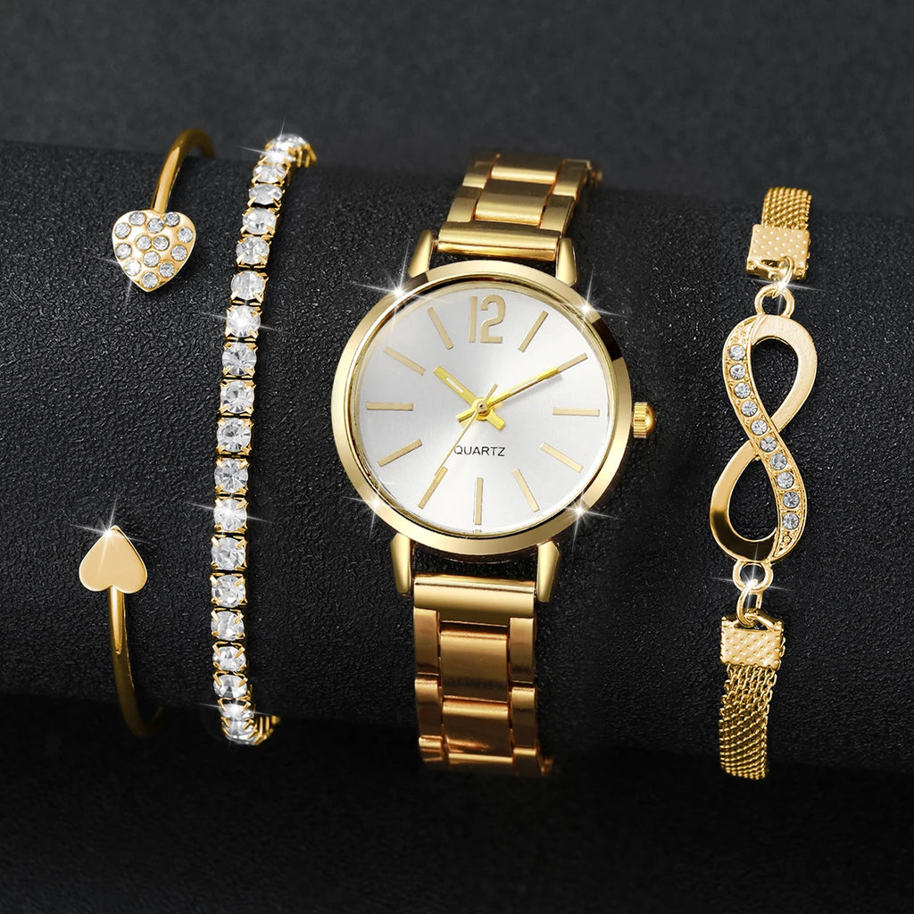 4 Pcs Women's Watches Fashion Small Dial Ladies Quartz Watch Gold Band Steel Wrist Watches Bracelets Set Watch Mujer Qme