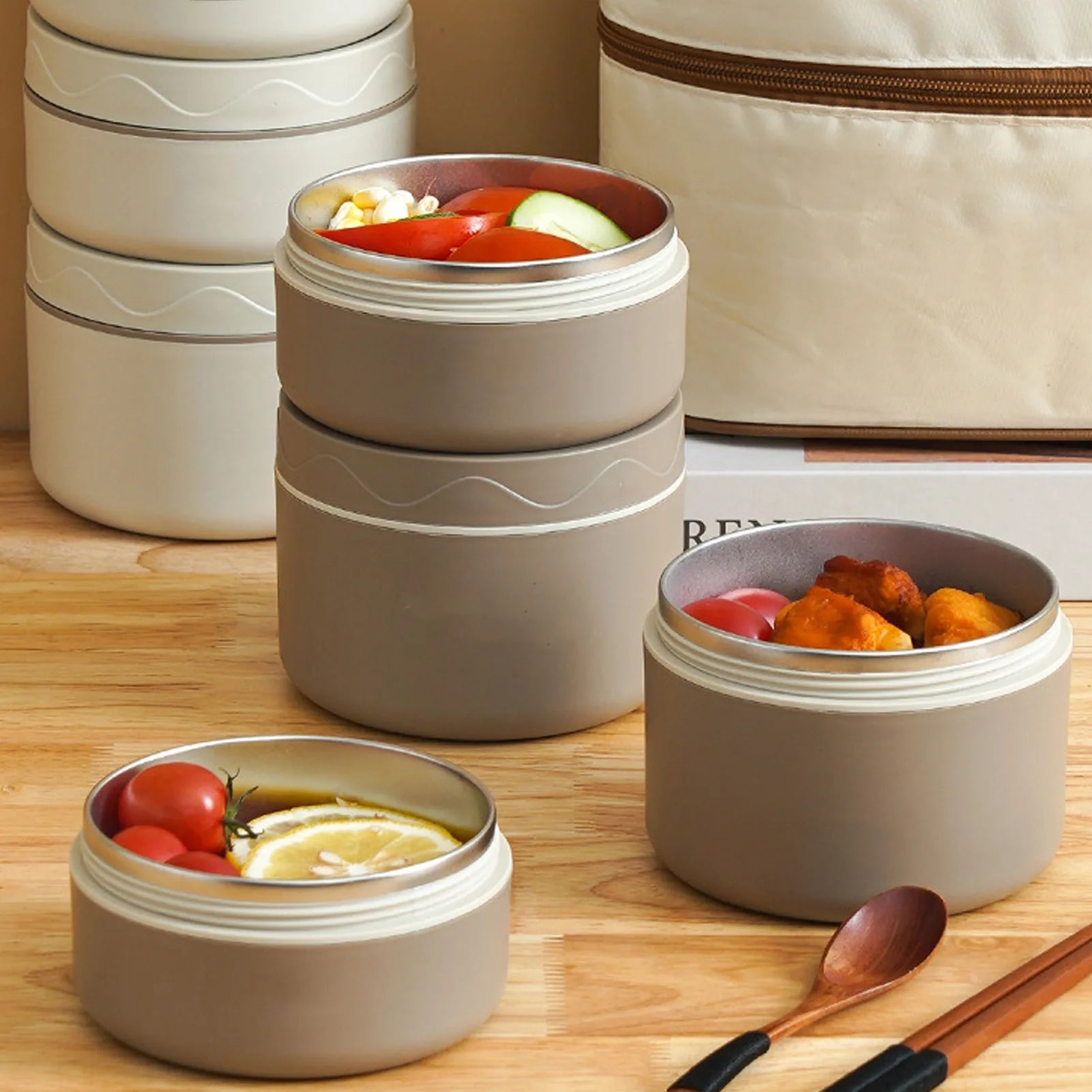 550ml Heat Insulation Cooker Thermal Cooking Pot Stainless Steel Double Layer Portable Round Shape Thermal Lunch Container Qme