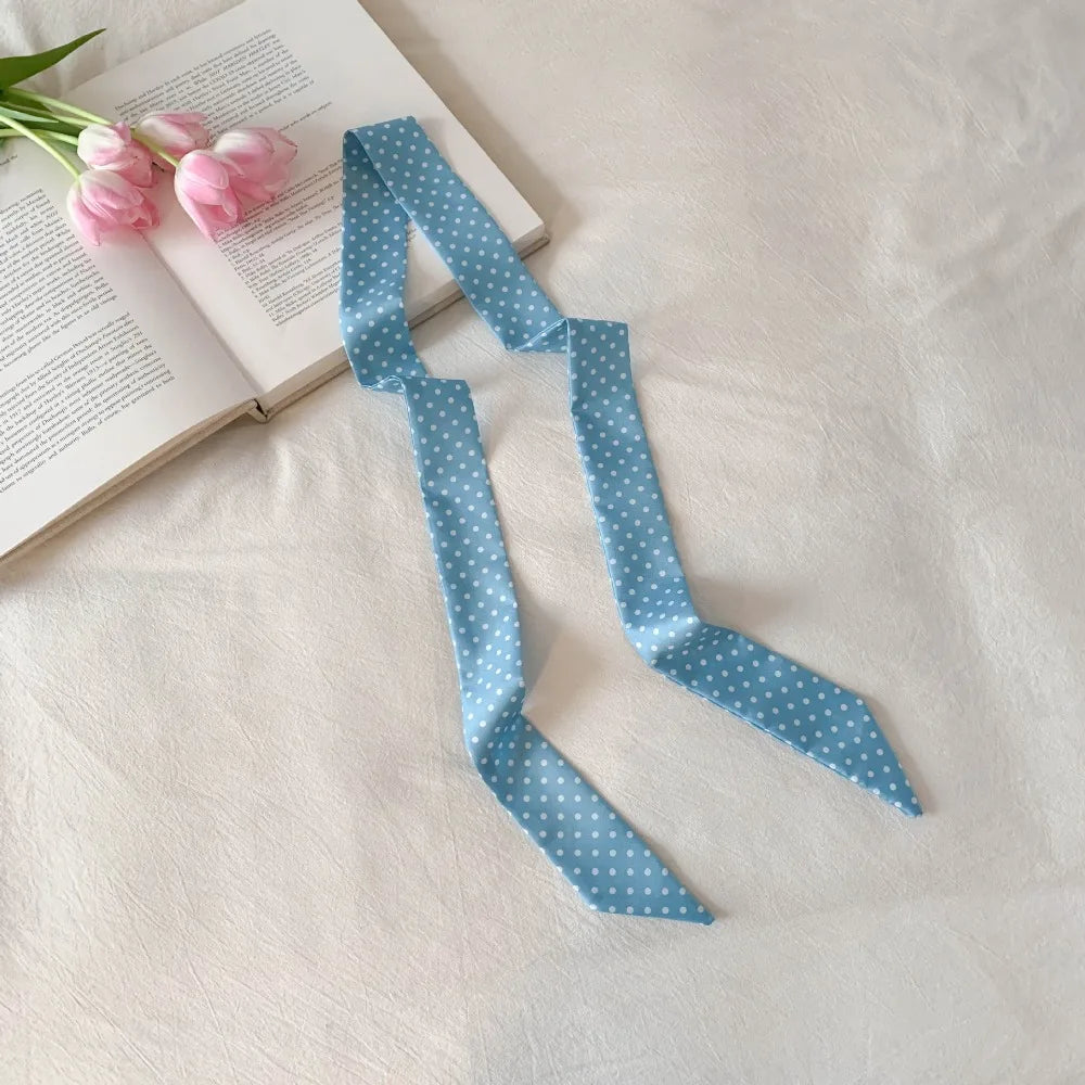 Retro Bow Ties Long Silk Scarf Ice Cream Printed Plaid Hair Band Qme Sky Blue