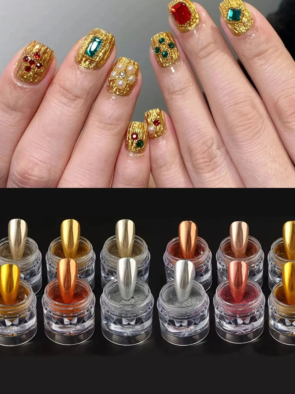 Mirror Chrome Nail Powde Gold Silver Coating Pearl Decoration Charms Qme 1 set