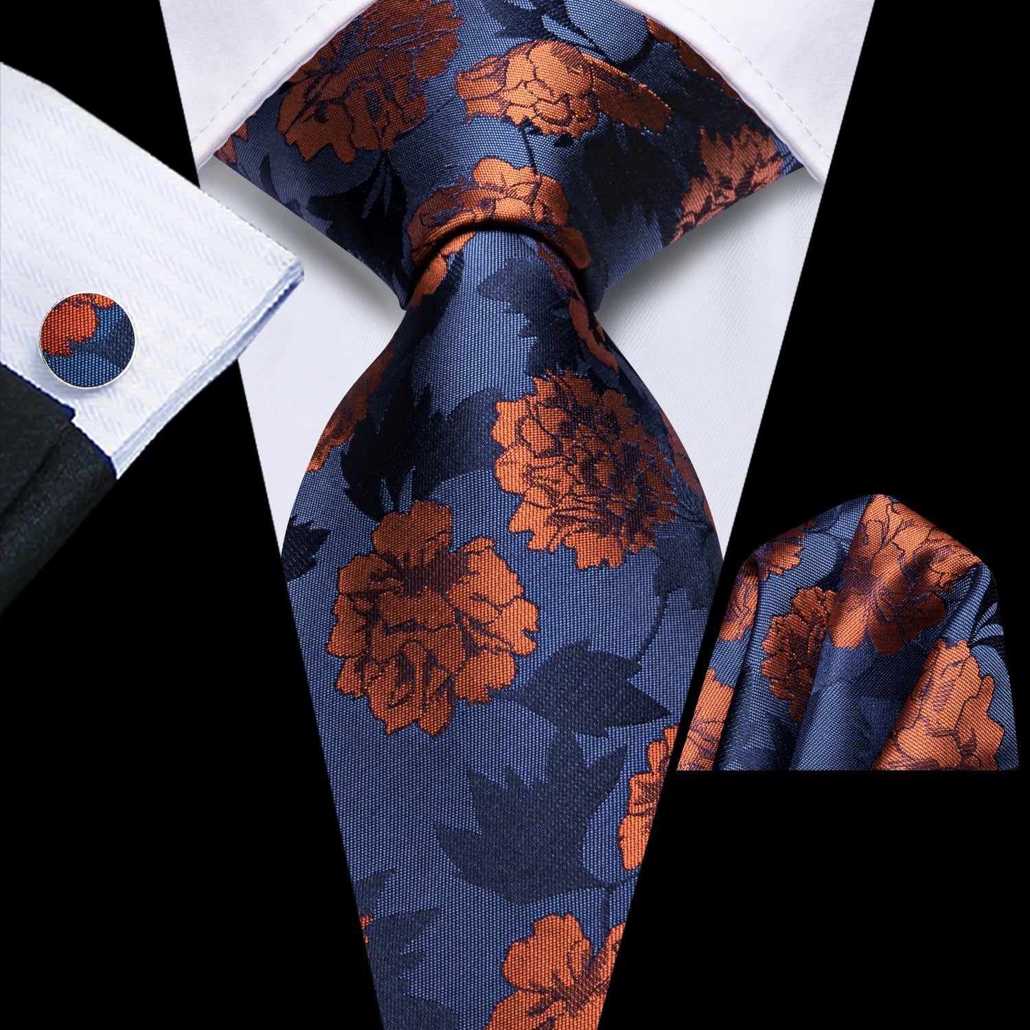 Hi-Tie Black Blue Orange Floral Mens Fashion Necktie Handkerchief Cufflinks for Tuxedo Classic Tie Man Gift Valentine's Day Qme HT-N-0138