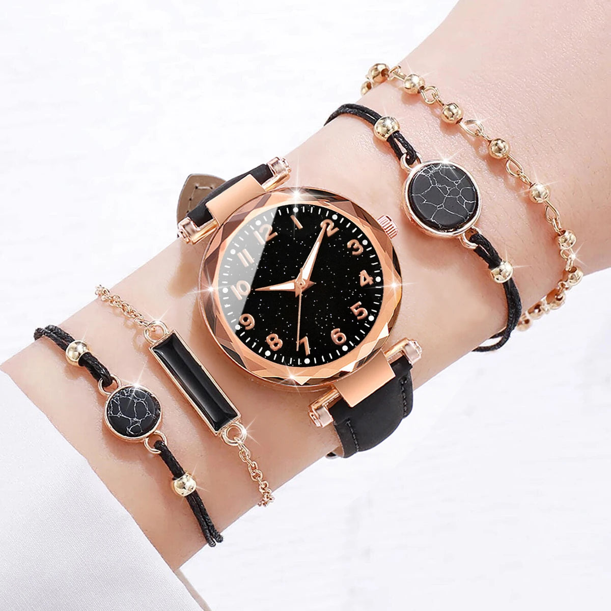 4Pcs Starry Sky Dial Watch Bracelet Set Women Black Leather Quartz Wristwatch Marble Charm Bracelets Jewelry Gift Qme