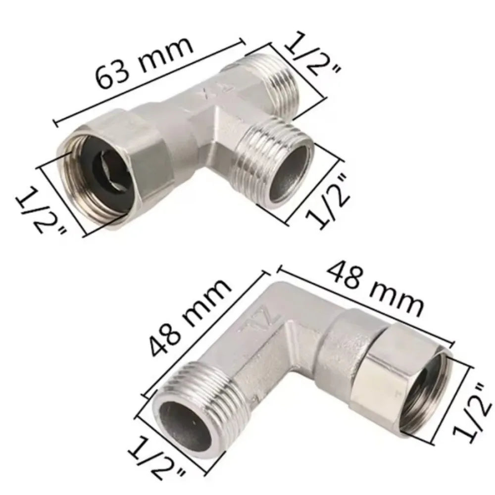 G1/ 2" Stainless Steel Way T-Adapter Bathroom Shower Valve Faucet Water Splitter Toilet Shower Spray Nozzle Converter Pipe Elbow Qme