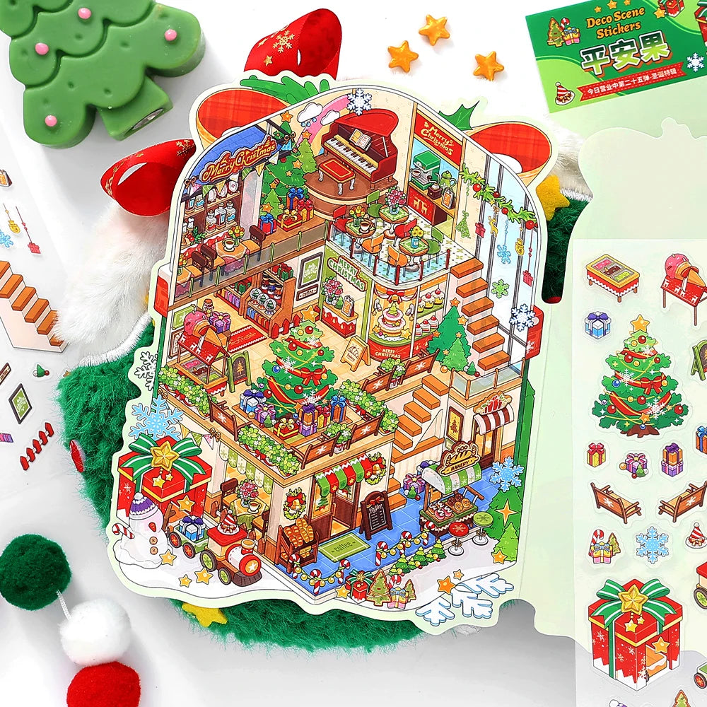3sheets/bag Today's Business Series Happy Christmas Theme 2.5D PET White Card Diorama Stickers for Scrapbooking DIY Qme