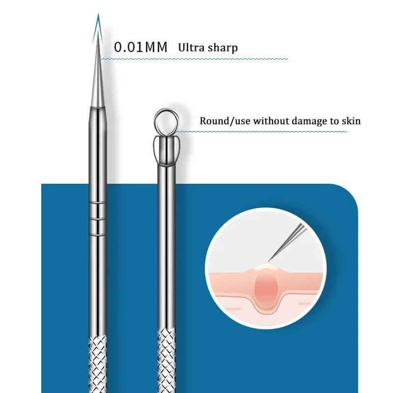 Ultra-fine Acne Pimples Blackhead Clip Tweezers Beauty Face Skin Care Cleaning Blackhead Remover Kit Acne Needle Hook Tool Qme