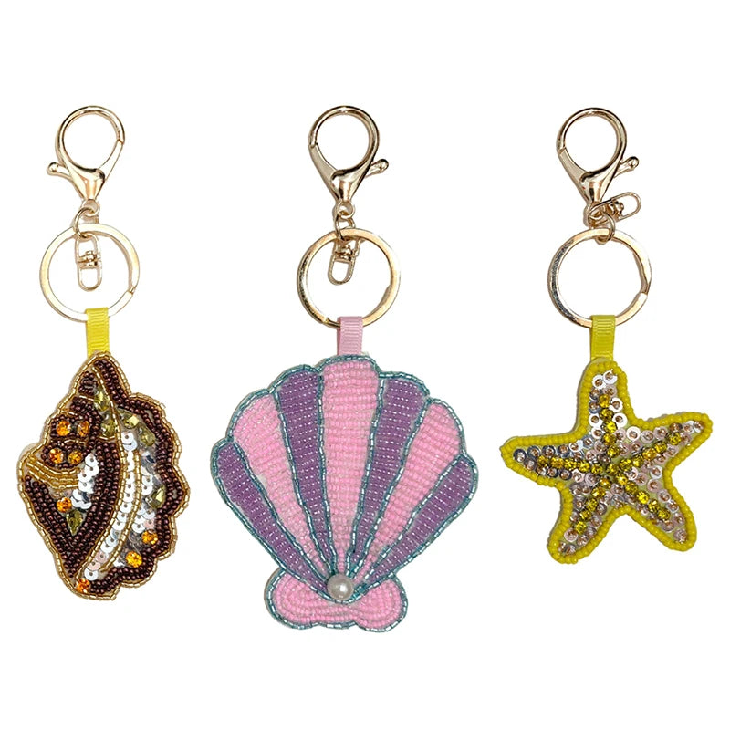 Bag charm decor with Beaded Sequin Rhinestone Crab, Starfish, Shell, and Conch Keychain Qme
