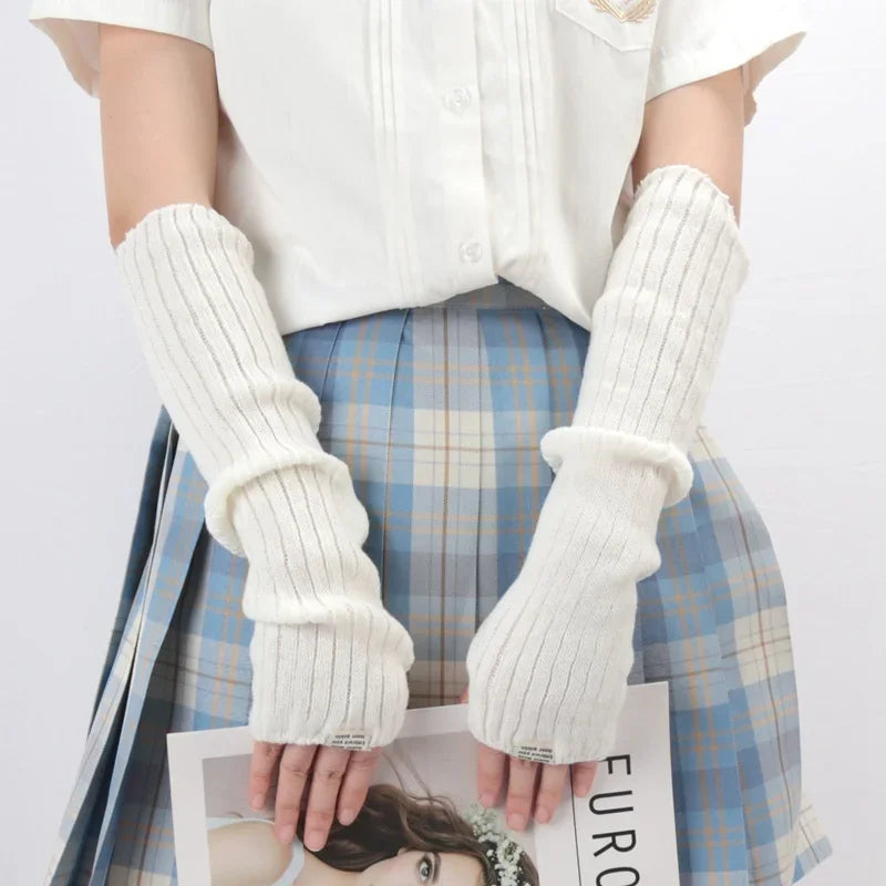 Women Y2K Fashion Fingerless Mittens White Black Cosplay Anime Gloves Qme
