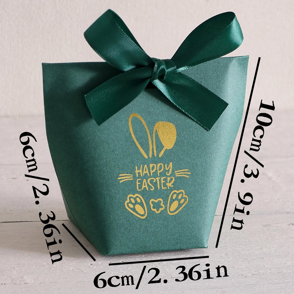 5Pcs Happy Easter Mini Gift Boxes with Bunny and Paw Print Design, Green Packaging with Gold Foil'Happy Easter' Message, Satin Qme