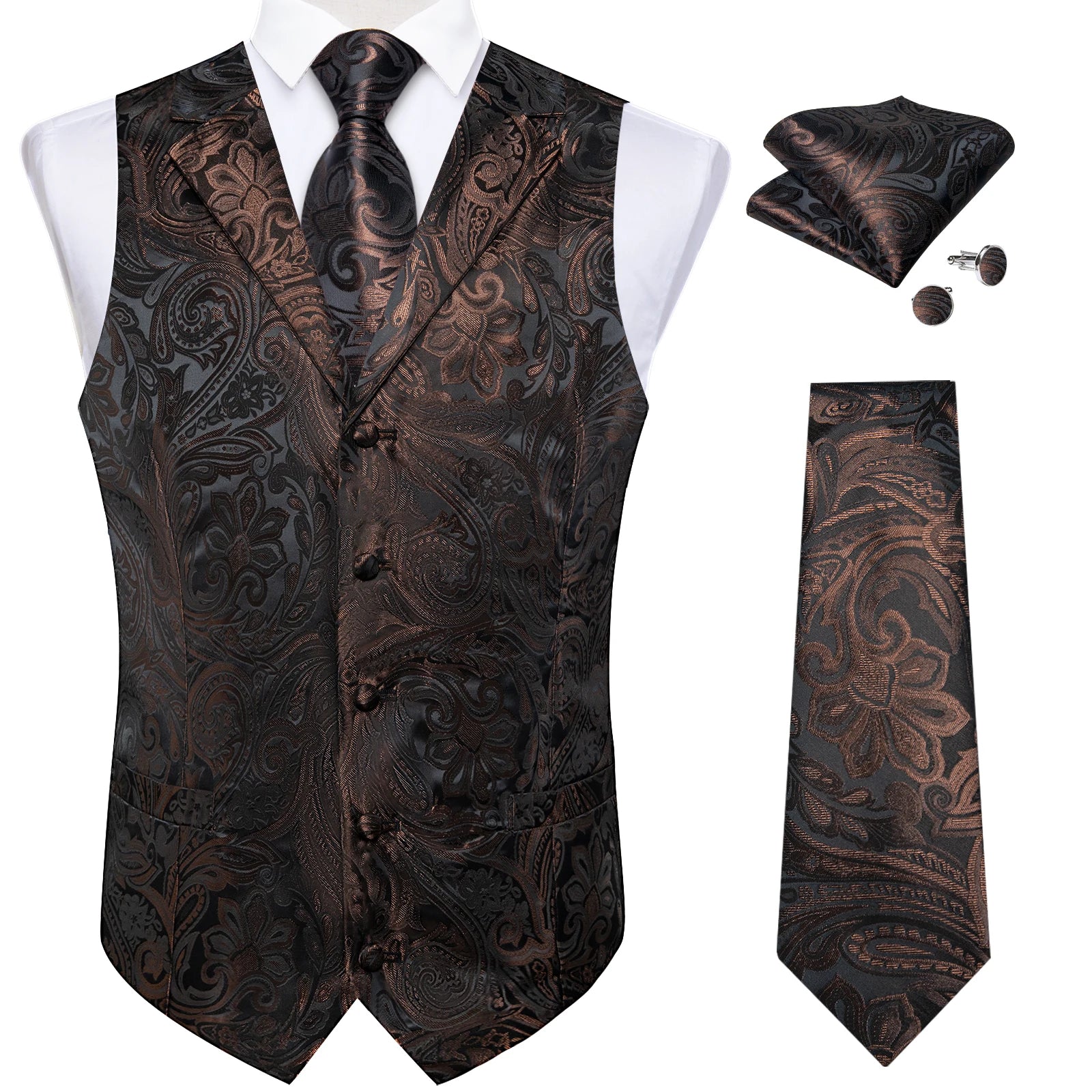 Men's Paisley Suit Vest & Tie Set – Formal Waistcoat with Necktie Pocket Square, Perfect for Weddings and Business Events Qme MJTZ0501 XXXL