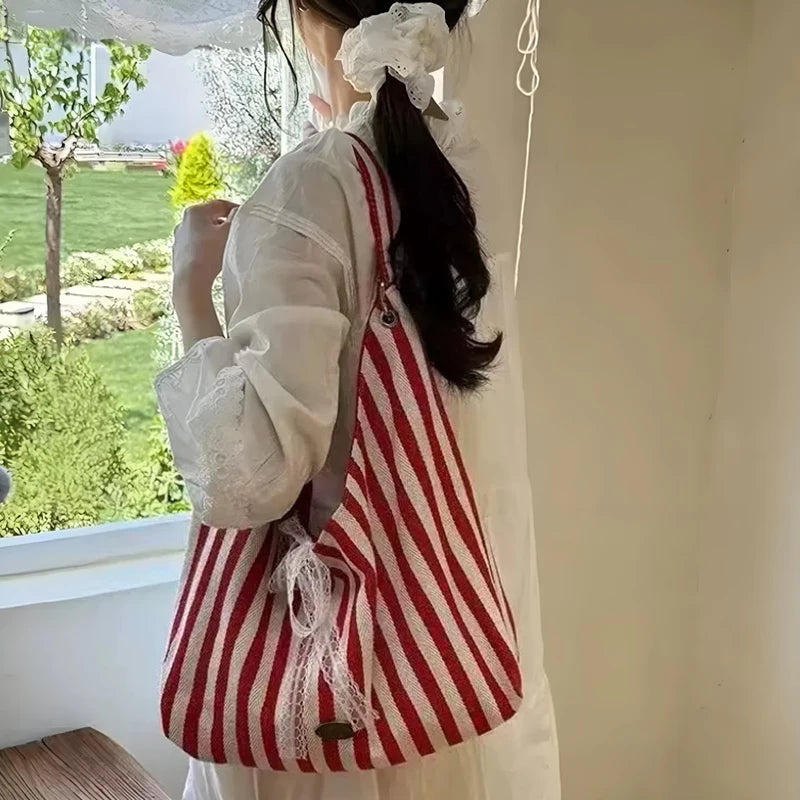 Stripe Hobo Bag Women Lace Bow Decor Canvas Tote Reversible Shoulder Qme