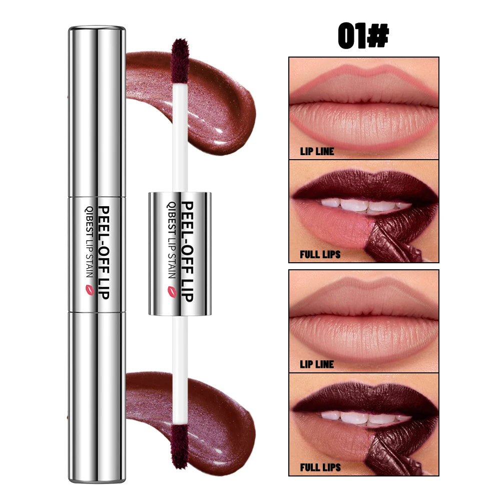 QIBEST Double Headed Lipliner Peel Off Tattoo Lipgloss Lasting Matte Lip Tint Brown Contour Tear-off Lip Stain 2 In 1 Stick Qme 01