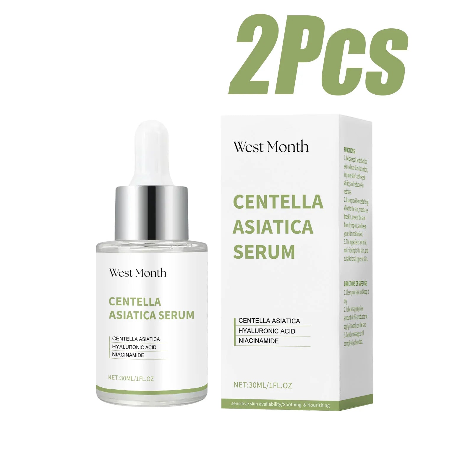 Centella Asiatica Serum Brightening Hydrating Facial Essence Soothing Moisturizing Anti-Redness Beauty Skincare Smooth Texture Qme 2 x 30ml Boxed