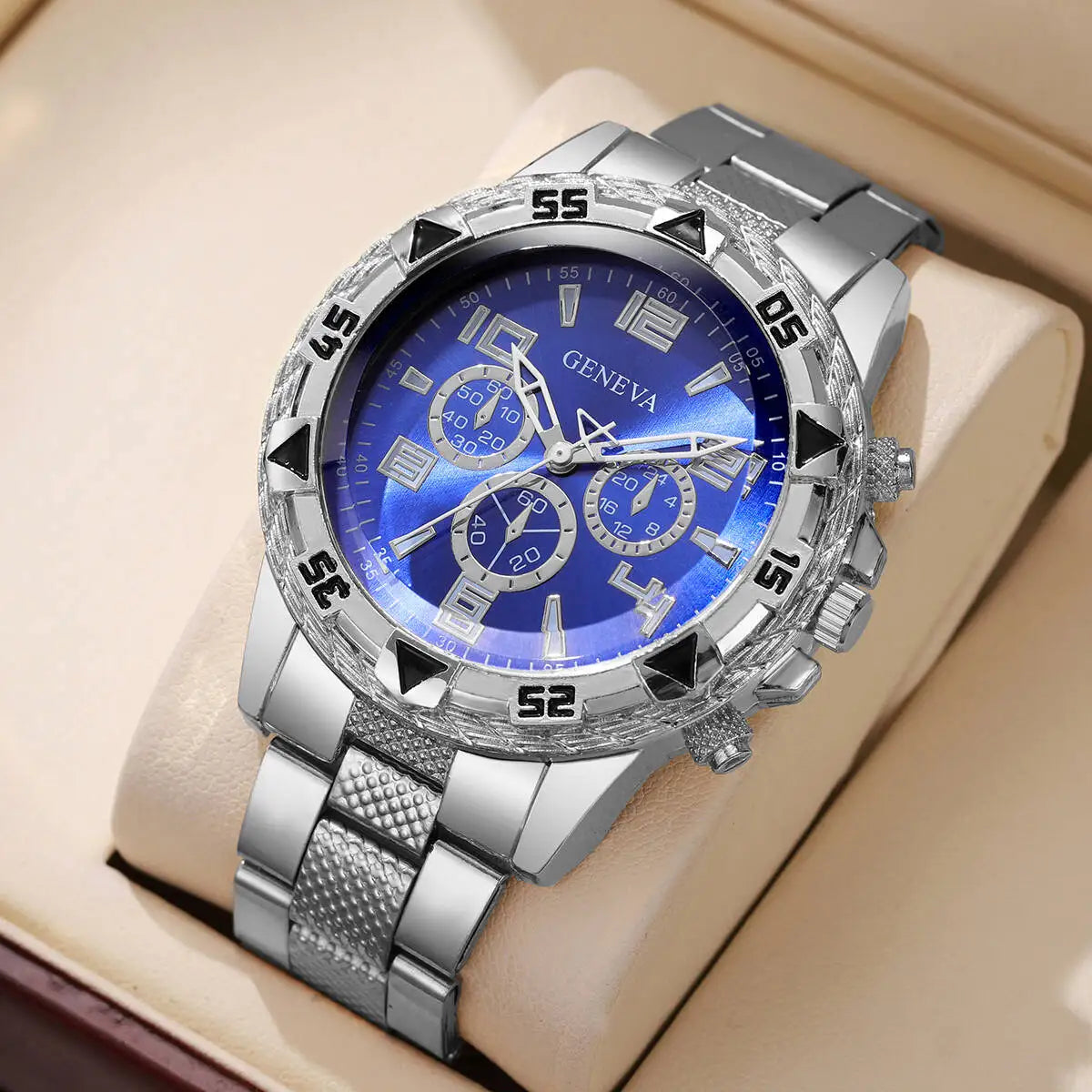 Fashion Business Men Watch Luxury Big Dial Mens Quartz Wristwatches Clock Gift Reloj Hombre（Without Box） Qme Silver Blue No Box