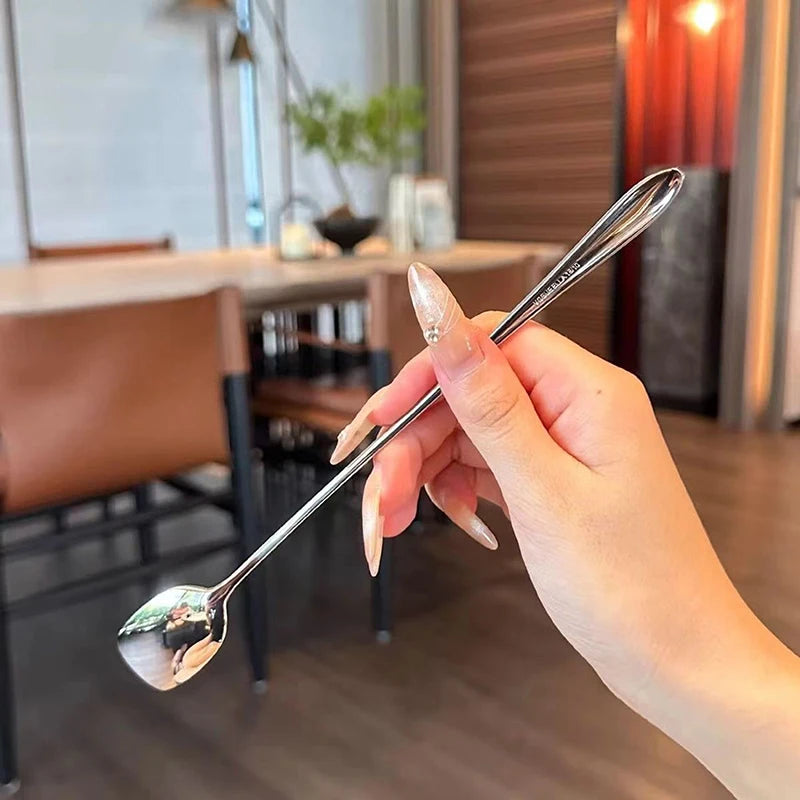 Stainless Steel Long Handle Round Spoon Golden Dinner Stirring Qme