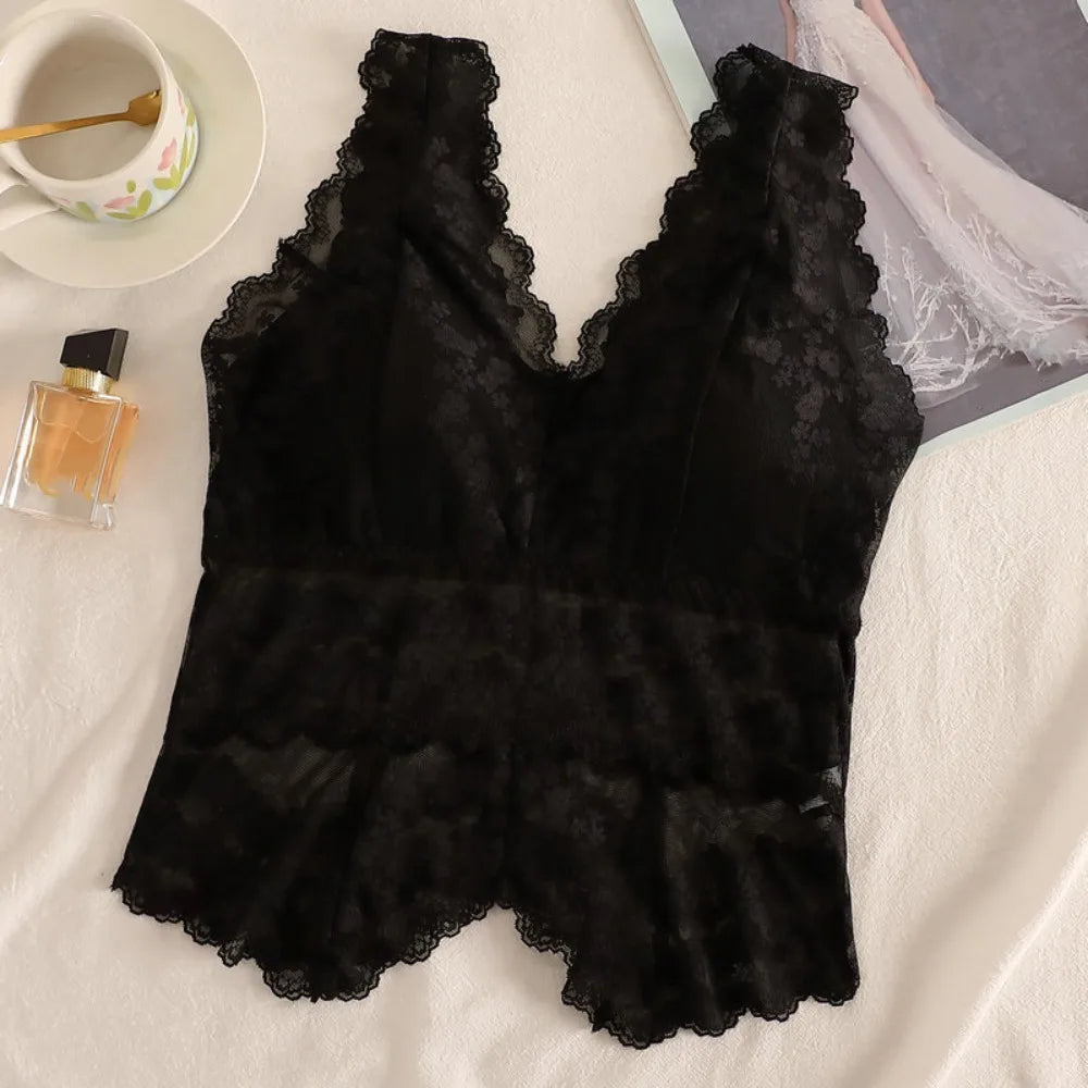 Simple Mesh Thin Lace Deep V Camisole Sleeveless Slim Fit Suspender Qme Black L