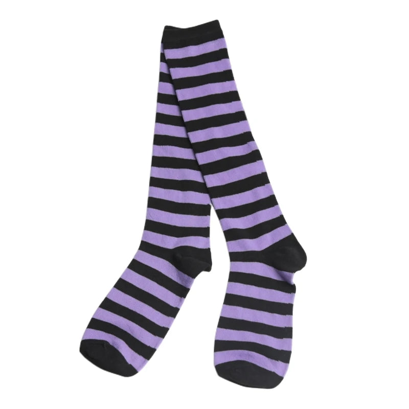 Women Black White Stripe Knee Socks Sweet Lolita Harajuku Stocking Qme Lavender One Size