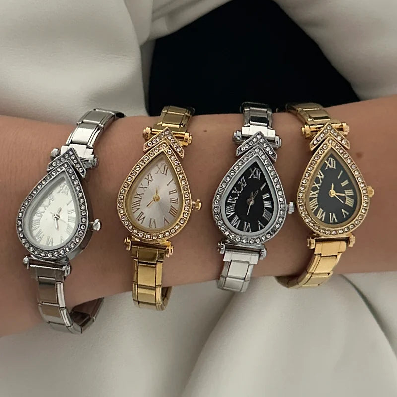 Women's Men's High Quality Stainless Steel Retro Golden Water Drop Shape Chic Design Watch Bracelet Bangle for Birthday DIY Gift Qme