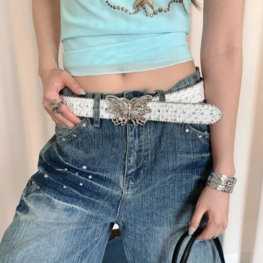 Fashion Sequins Butterfly Belt Y2K Hip Hop Wide Belt Punk Korean Style Denim Waistbands Daily Qme
