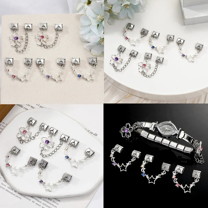 2026 New Sweet Heart Zircon Pendant Stars Tassel Chain DIY Making Bracelet Women Men Stainless Steel 9mm Italian Charm Links Fit Qme
