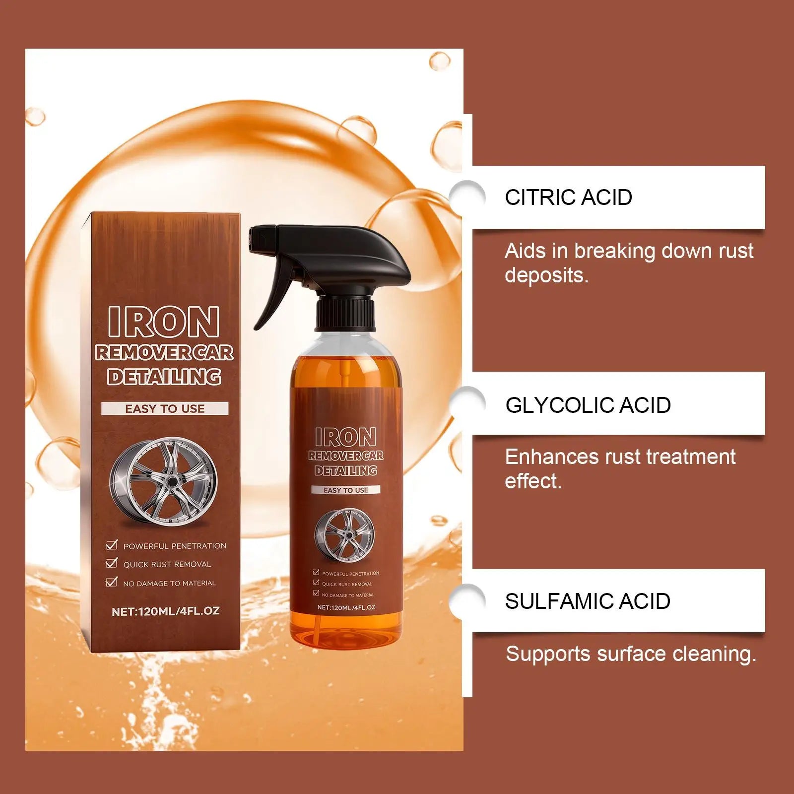 For Metal Iron Remover 120ml Fast-Acting Detailing Cleaner Rust Stain Remover Spray For car Brake Wheel Tire Rim Steel Rv Repair Qme