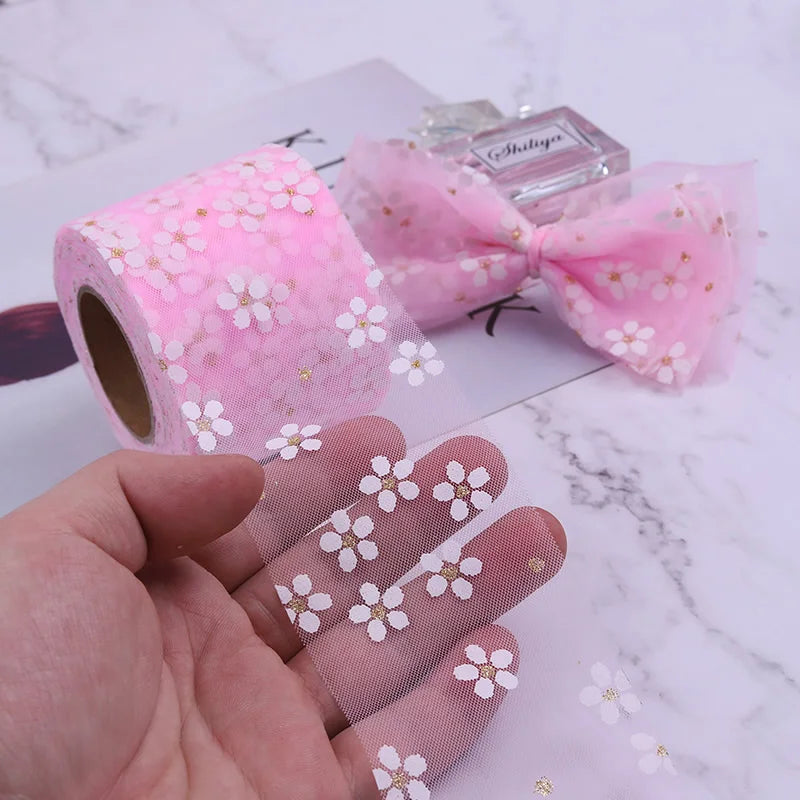 6cm 5Yards Floret Tulle Daisy Ribbon Roll DIY Craft Ribbons for Gift Bow Packaging Cherry Blossoms Printed Mesh Fabric Supplies Qme